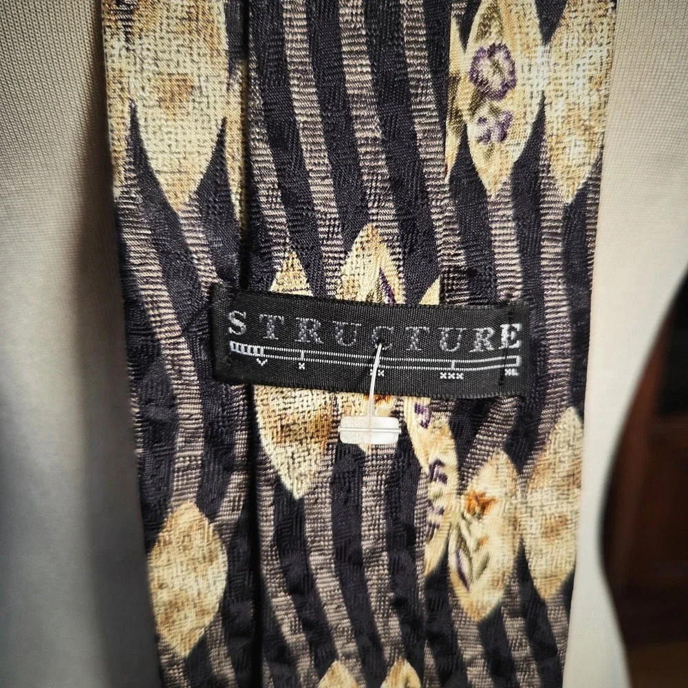 Structure Silk Tie Vintage 90s Wavy Stripe Floral Medallion Geometric Mens Black